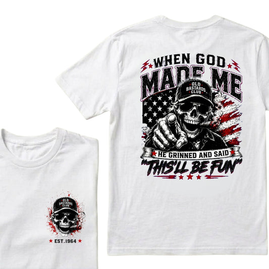 Custom EST.Year When God Made Me He Grinned And Said This'll Be Fun Old Bastards Club Skull American Flag Graphic T-Shirt